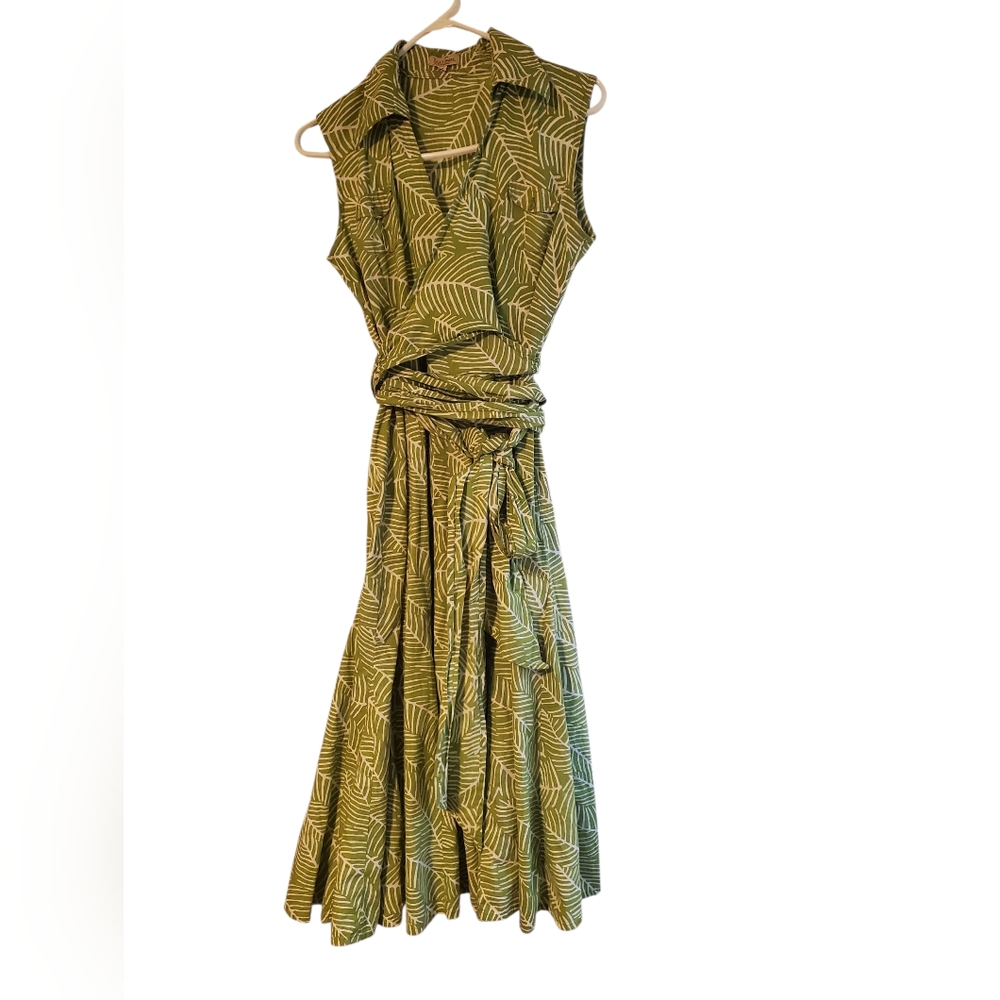 Dick & Jayne Green Leaf Print Sleeveless Sun Dress- Size S
